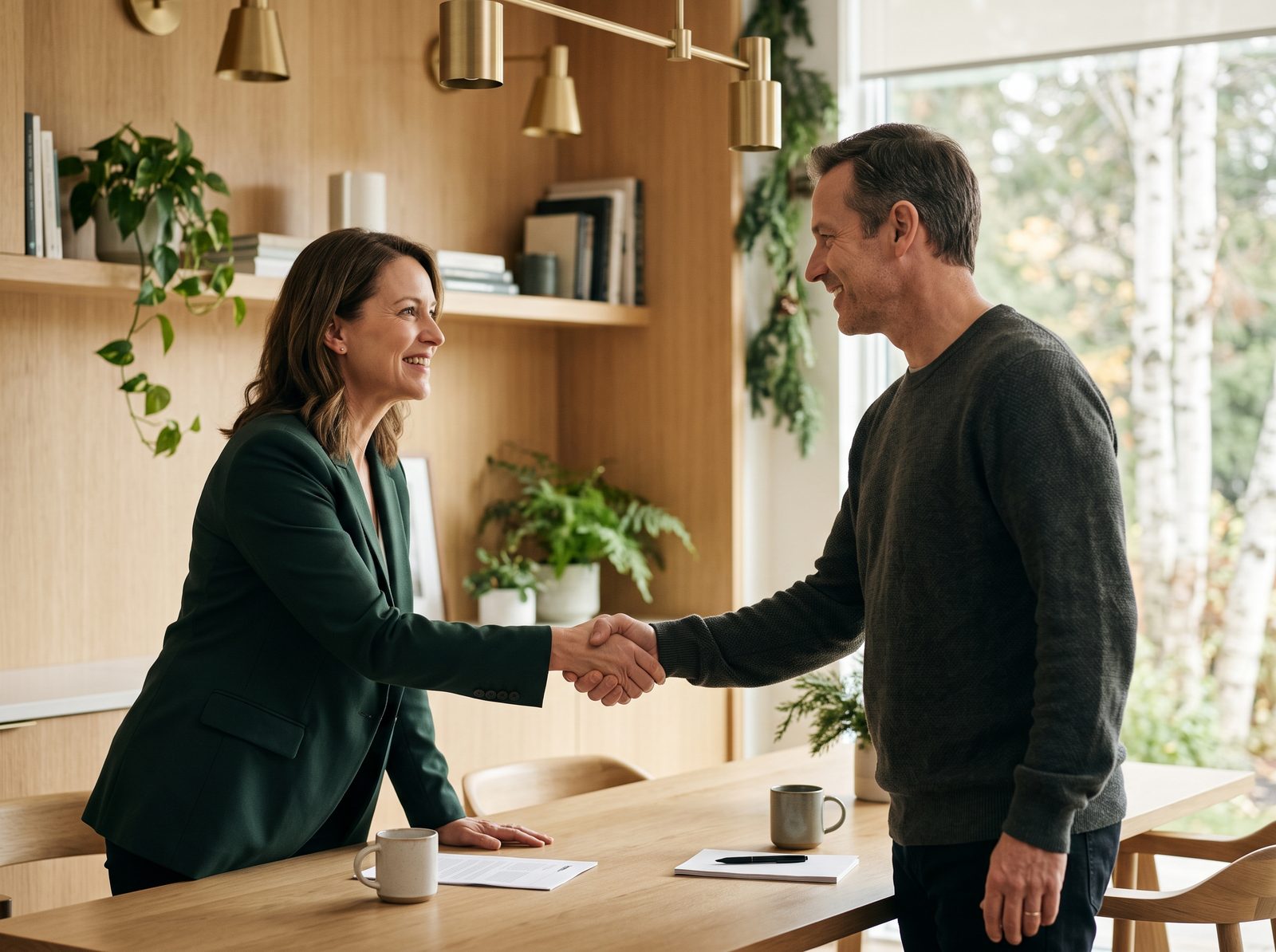 A Hayes Wealth Partners advisor greeting a client with a warm handshake in a bright office
