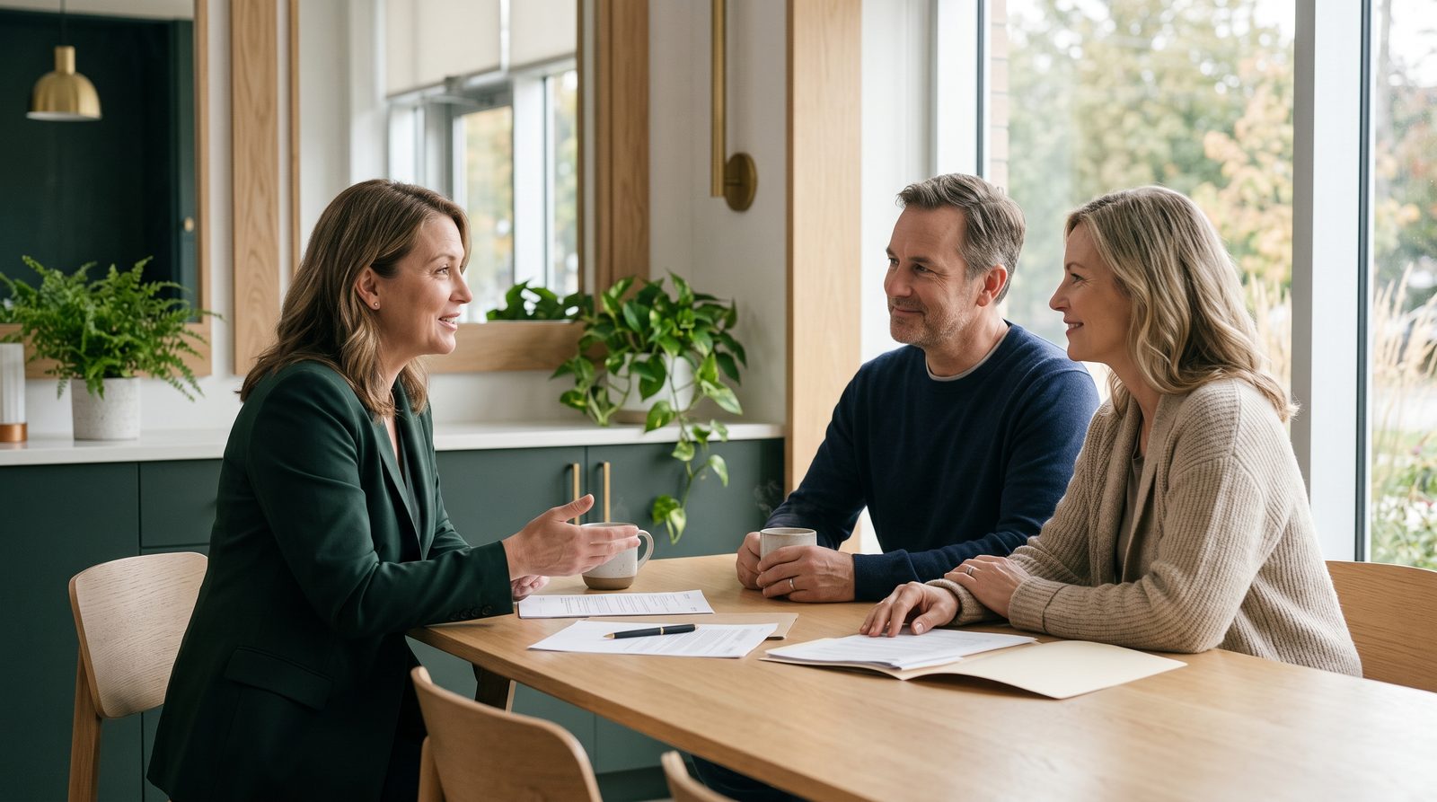 A Hayes Wealth Partners advisor in warm conversation with a couple across a table