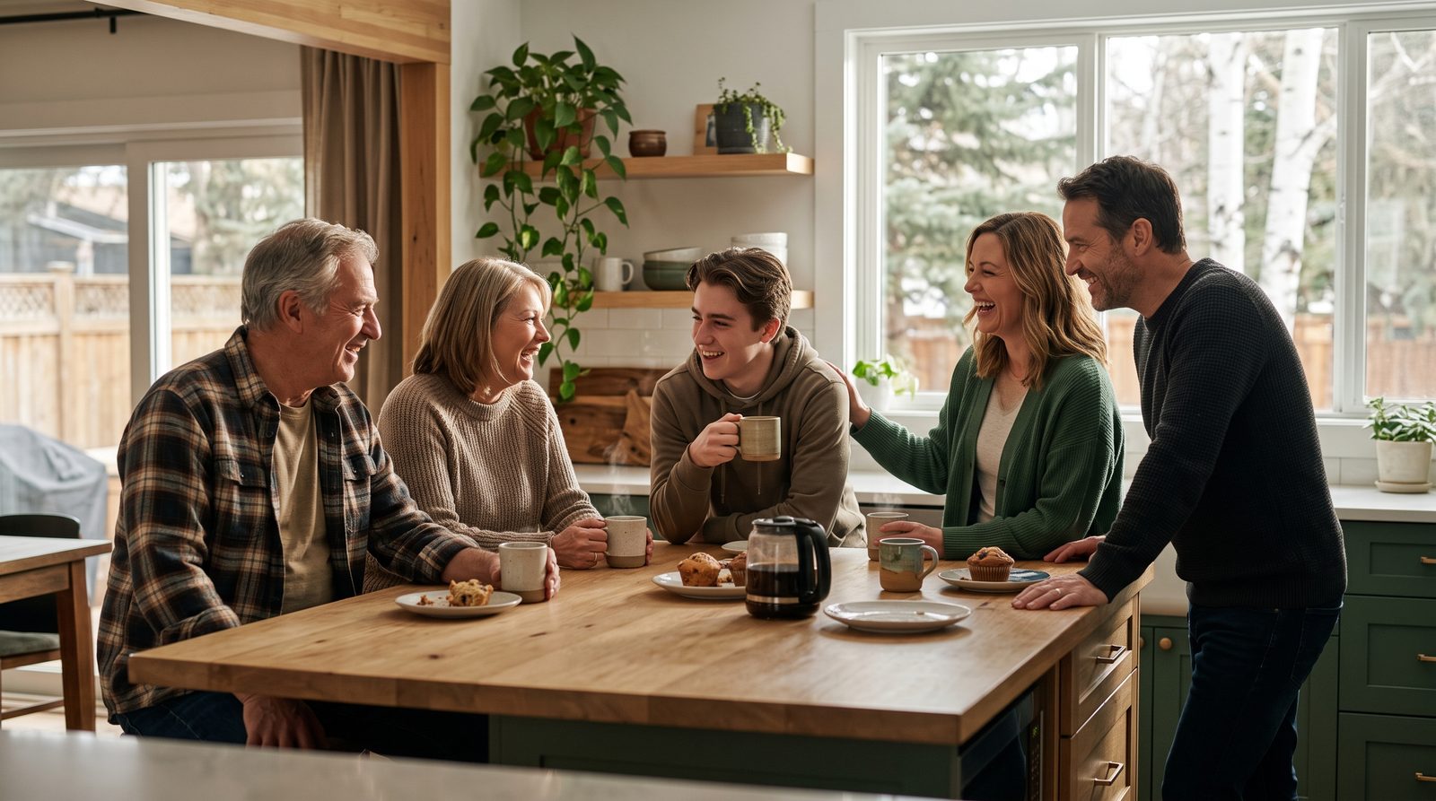 Three generations of a family together at home, sharing coffee around a kitchen table