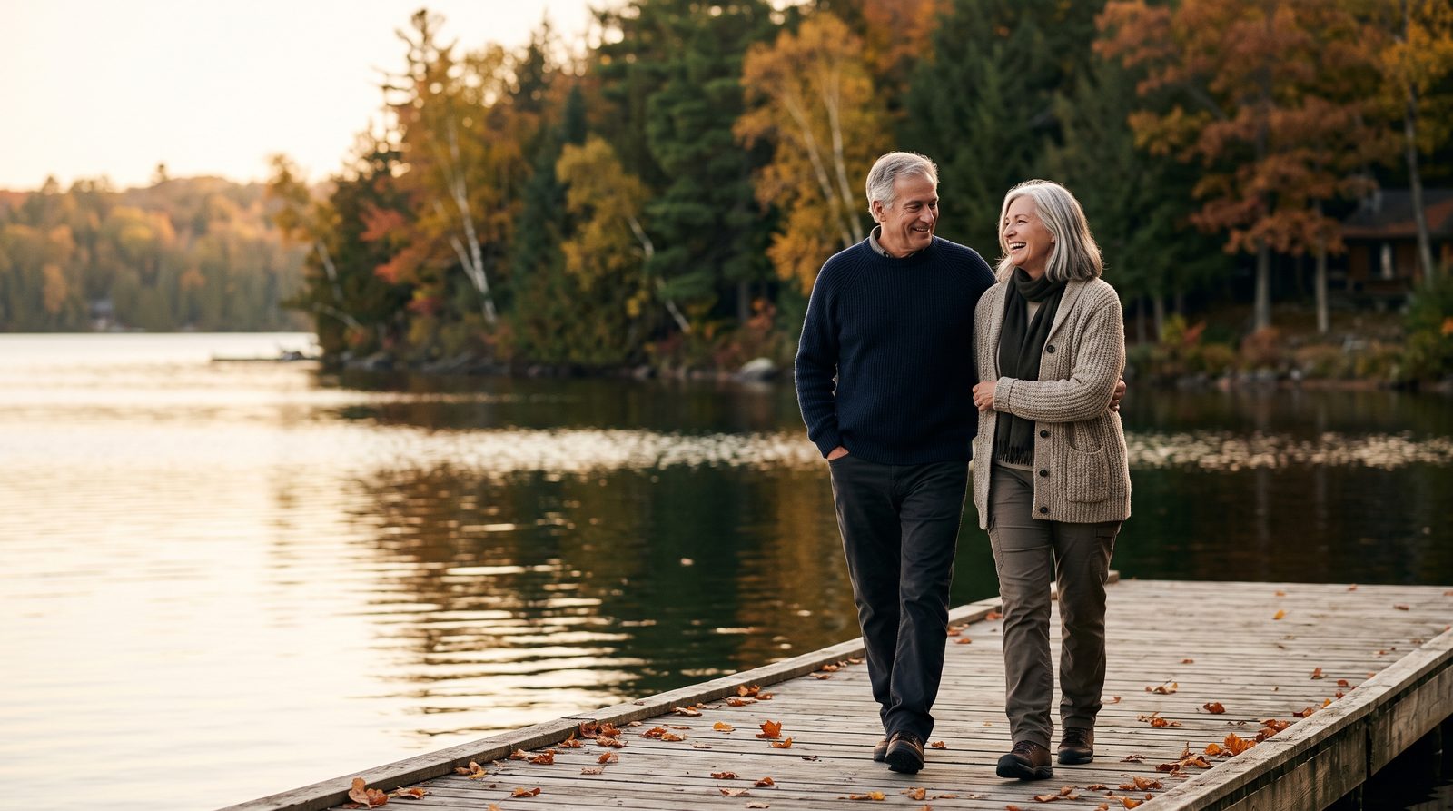 A retired couple walking together along a lake dock on an autumn evening